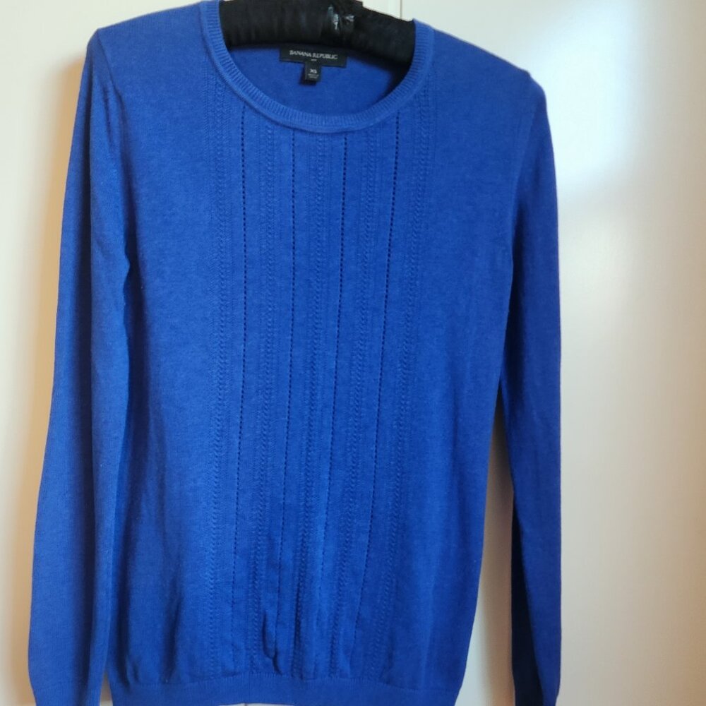 Royal Blue Round Neck Pullover Sweater Pretty Pointelle Knitting Size XS